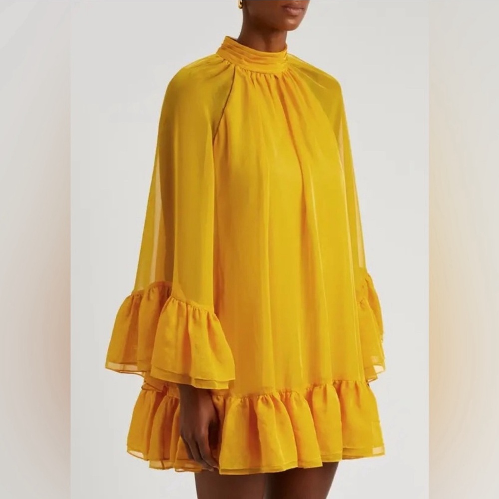 Alice + Olivia ZENON TIE NECK CAPE MINI DRESS - Gold/ Yellow